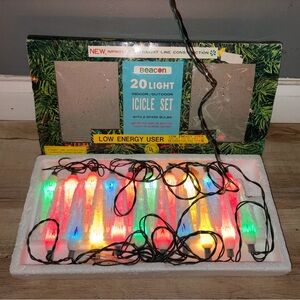 Vtg 20 Pc Christmas Icicle lights Original Box Holiday Decoration Beacon 1981
